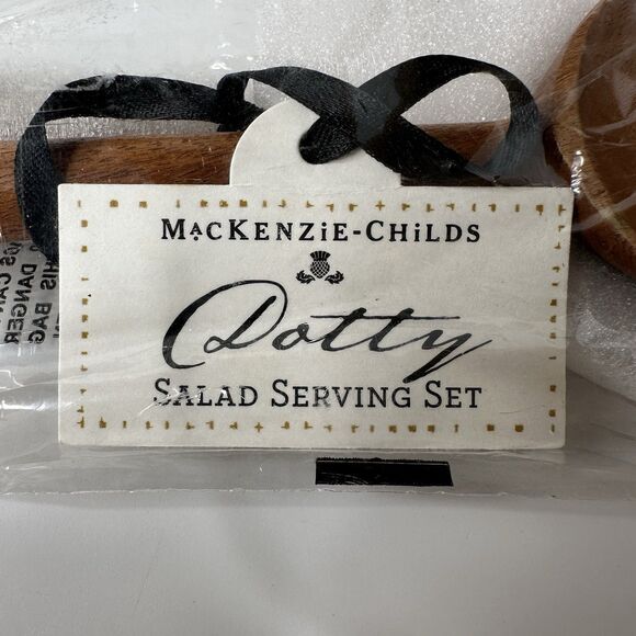 MacKenzie Childs Dotty Salad Serving Set Wood With Black White Polka Dot Handle - Picture 2 of 16